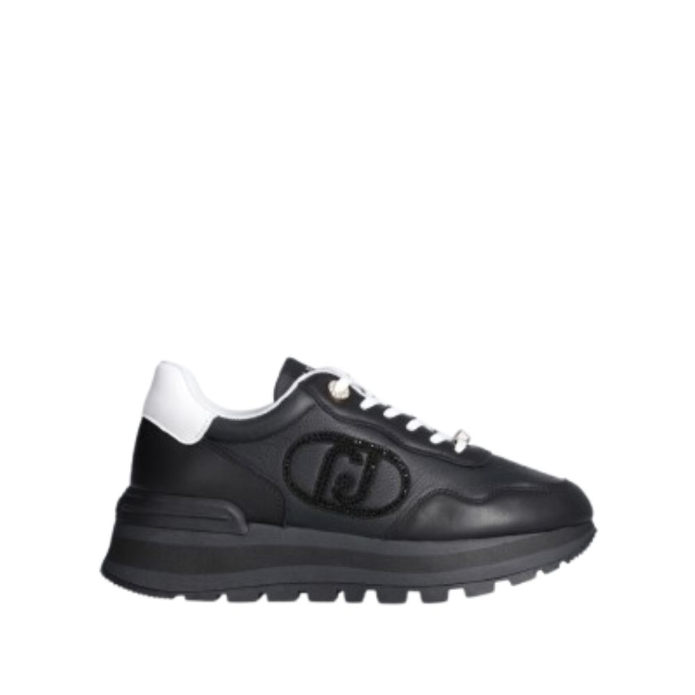 LIU JO BLACK WOMEN LEATHER SNEAKERS WITH BEJEWELLED LOGO 